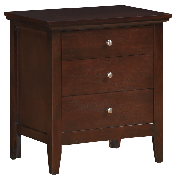Cappuccino Solid Wood 3-Drawer Nightstand with Nickel Handles
