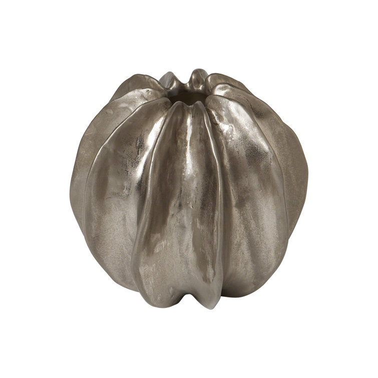 Matte Silver Ceramic Ridged Round Vase