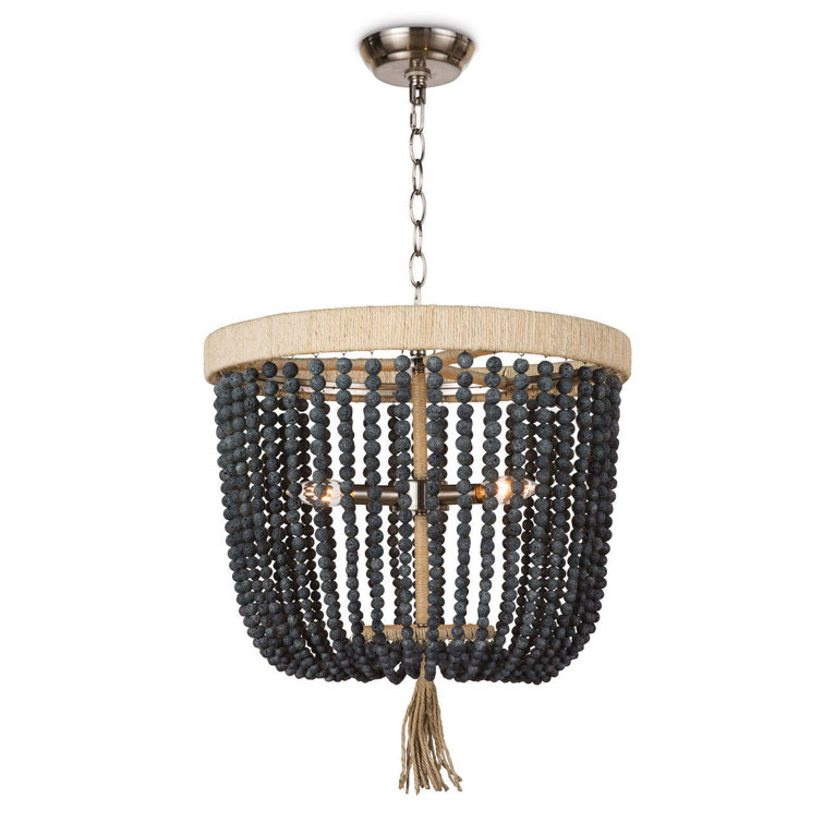 Bohemian Mini Brass Beaded Chandelier with Blue Finish and Rattan Frame
