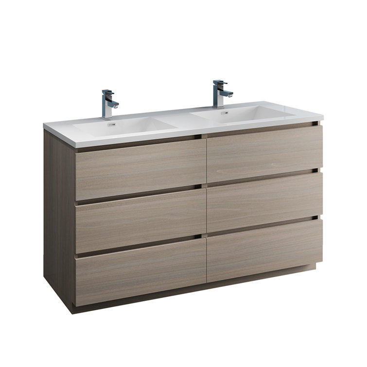 Gray Wood 60" Freestanding Double Sink Vanity with Acrylic Top