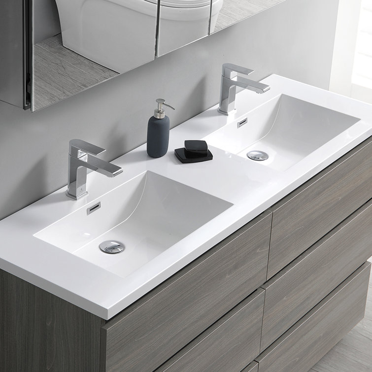 Gray Wood 60" Freestanding Double Sink Vanity with Acrylic Top