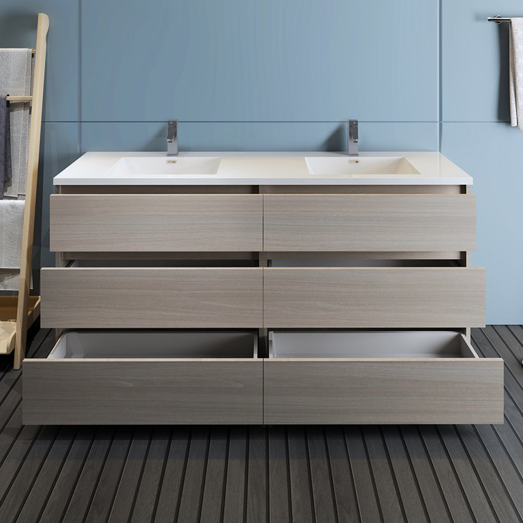 Gray Wood 72" Freestanding Double Sink Bathroom Vanity with Acrylic Top