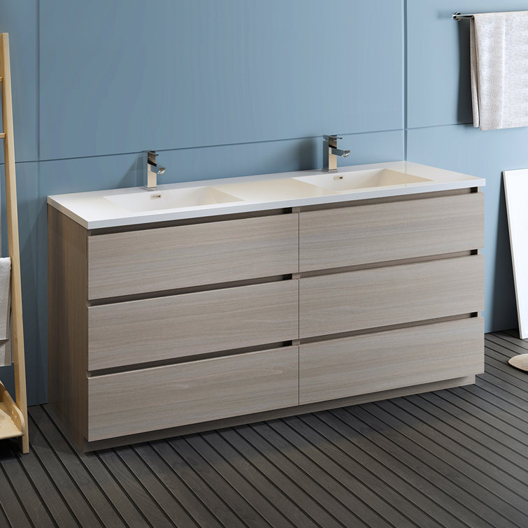 Gray Wood 72" Freestanding Double Sink Bathroom Vanity with Acrylic Top