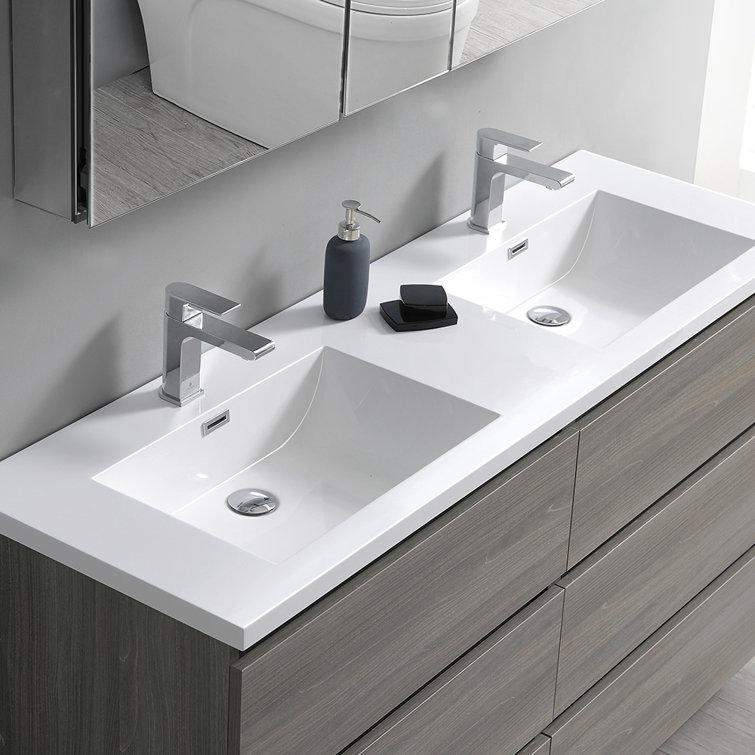 Gray Wood 72" Freestanding Double Sink Bathroom Vanity with Acrylic Top