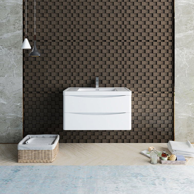 Glossy White 36" Wall Mount Bathroom Vanity with Integrated Sink