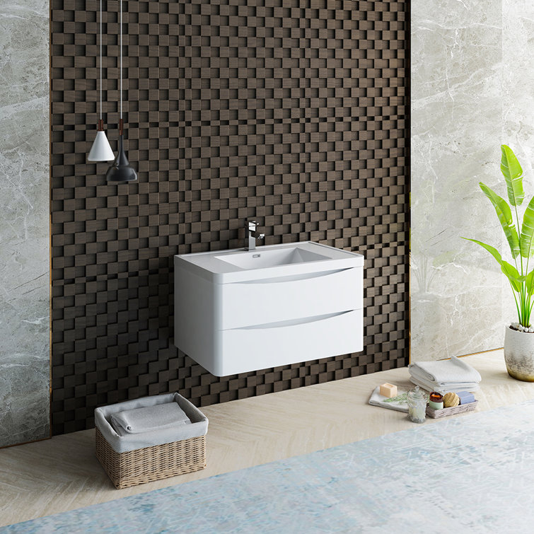 Glossy White 36" Wall Mount Bathroom Vanity with Integrated Sink