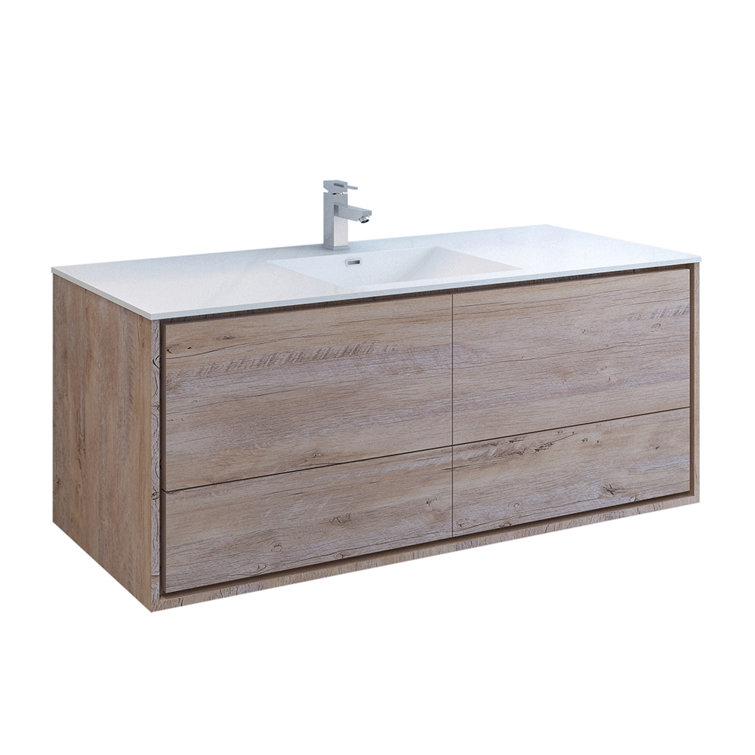 Transitional Wall-Mounted 59'' Solid Wood Off-White Vanity with Acrylic Top