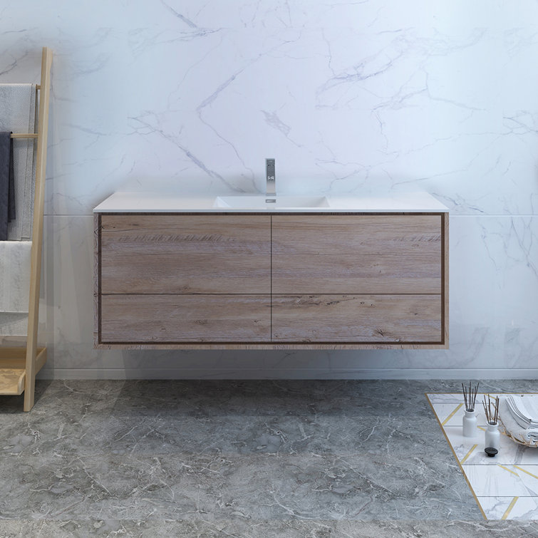 Transitional Wall-Mounted 59'' Solid Wood Off-White Vanity with Acrylic Top