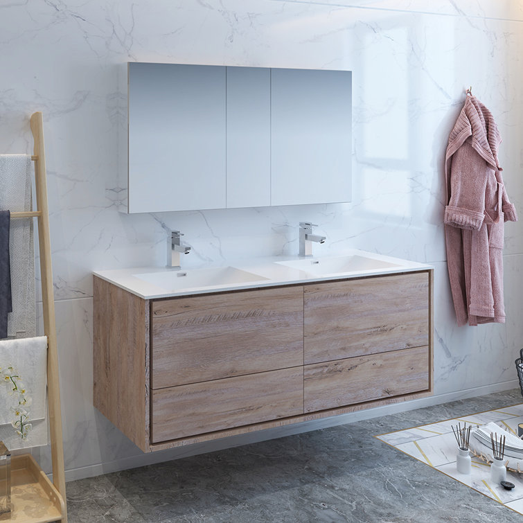 Natural Wood Wall Hung Double Sink Vanity with Medicine Cabinet