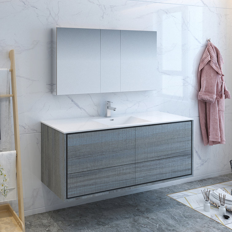 Ocean Gray 60" Wall Hung Single Sink Acrylic Vanity Set with Medicine Cabinet