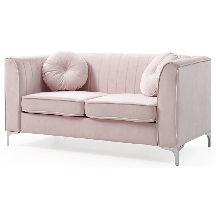 Pink Velvet Tufted Loveseat with Nailhead Trim