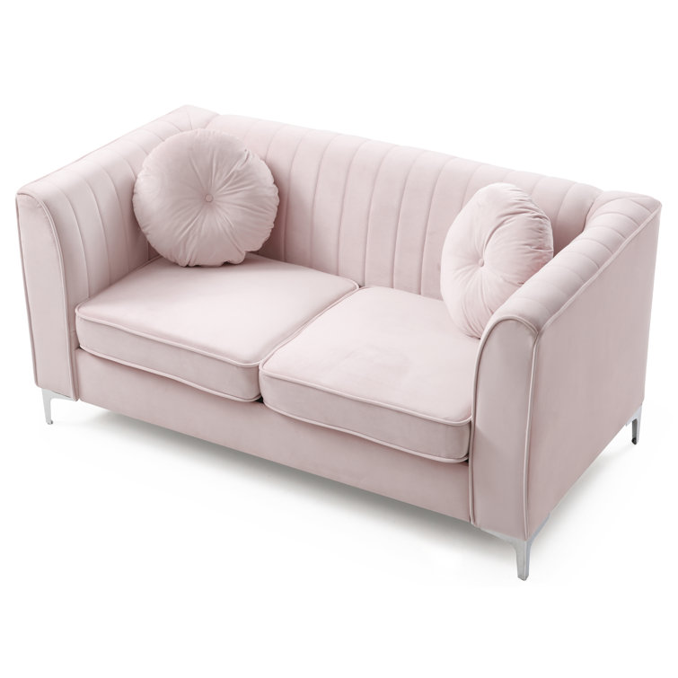 Pink Velvet Tufted Loveseat with Nailhead Trim