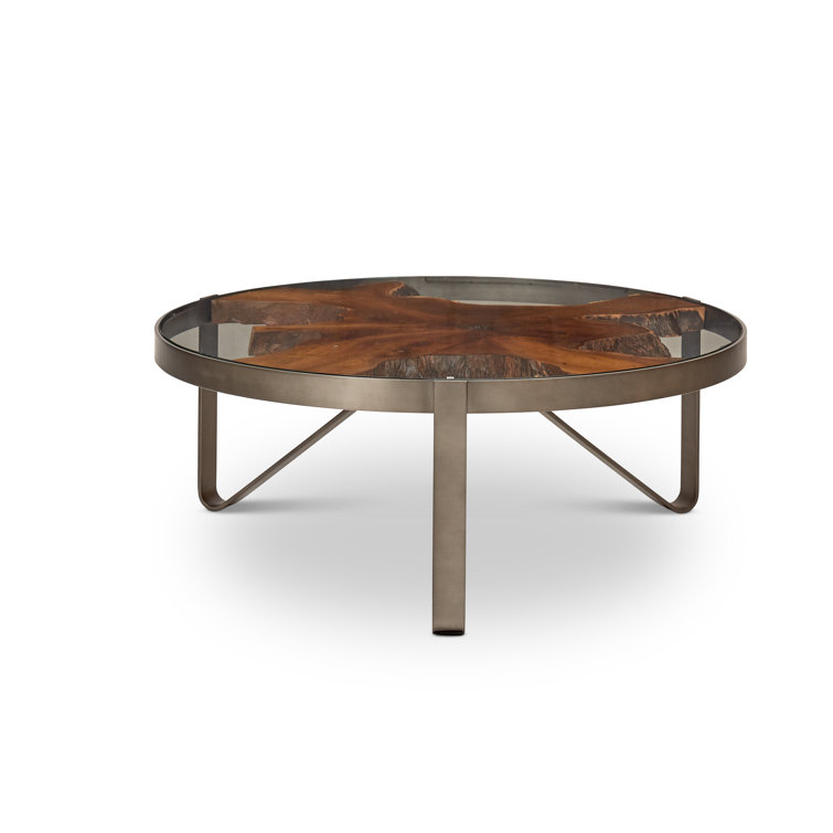 Round Teak and Glass Coffee Table with Galvanized Gray Frame