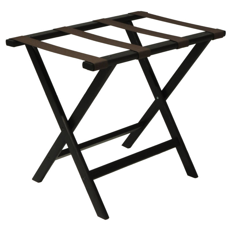 Black Oak Folding Luggage Rack with Brown Straps
