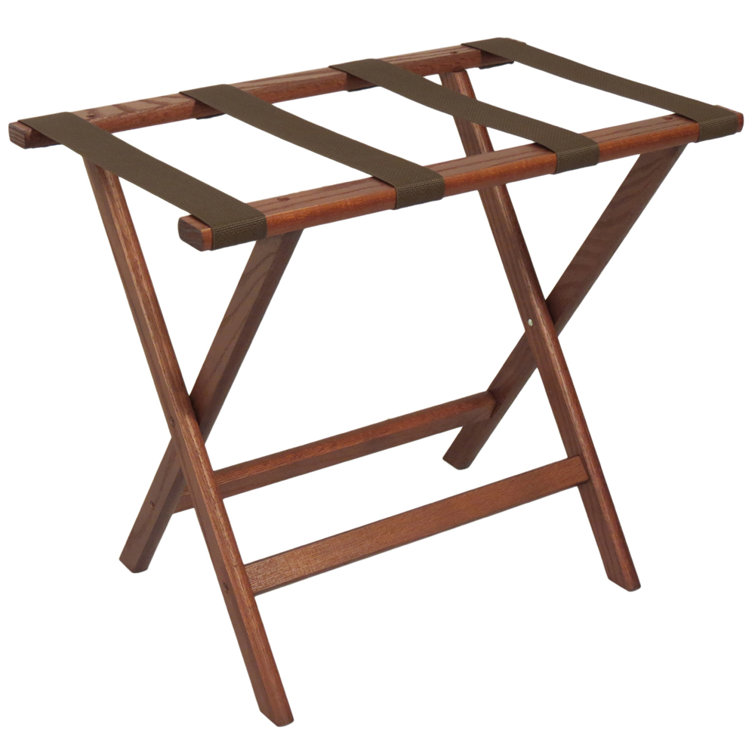 Mahogany Folding Solid Wood Luggage Rack with Brown Polyester Straps