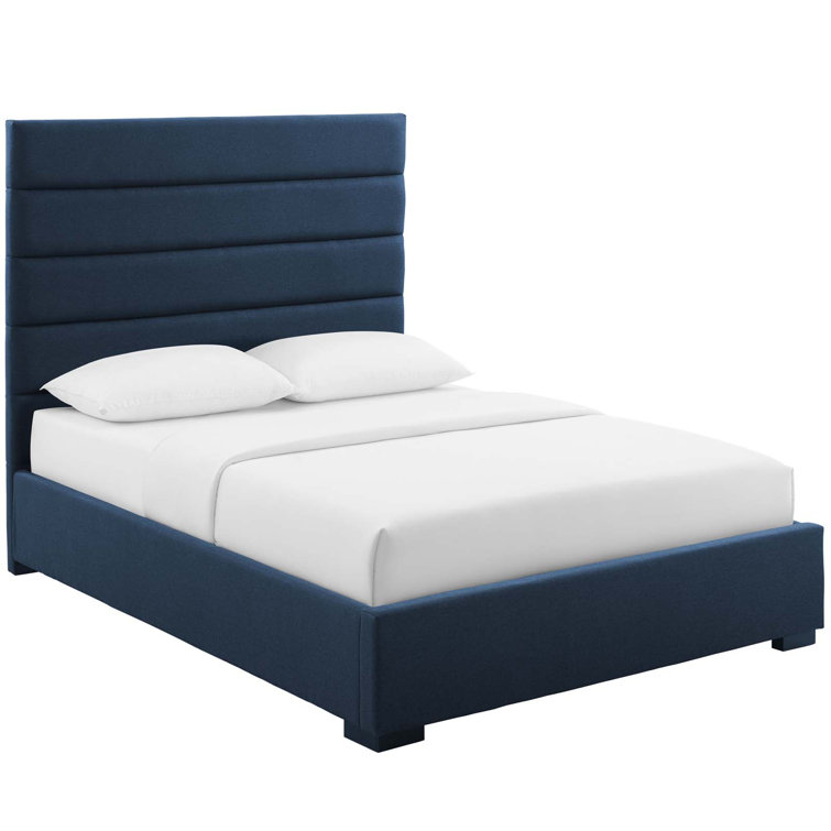 Elegant Blue Queen Platform Bed with Tufted Faux Leather Headboard