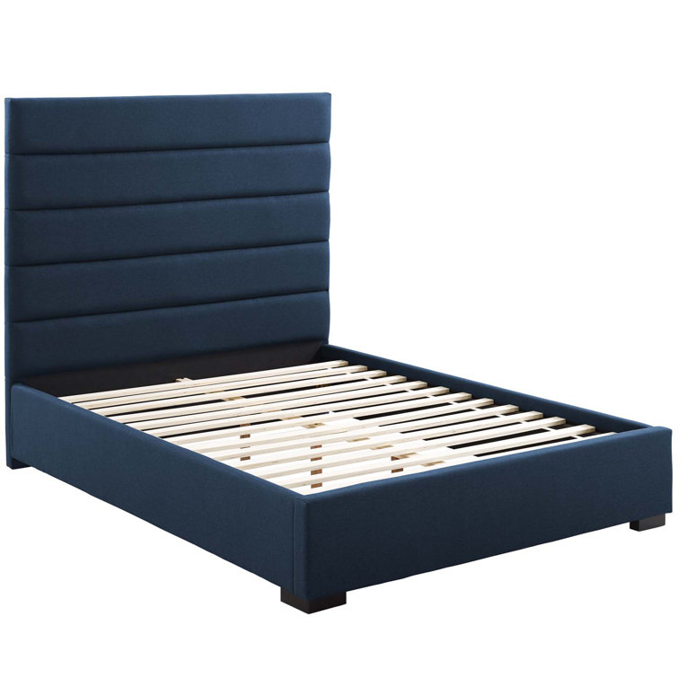 Elegant Blue Queen Platform Bed with Tufted Faux Leather Headboard