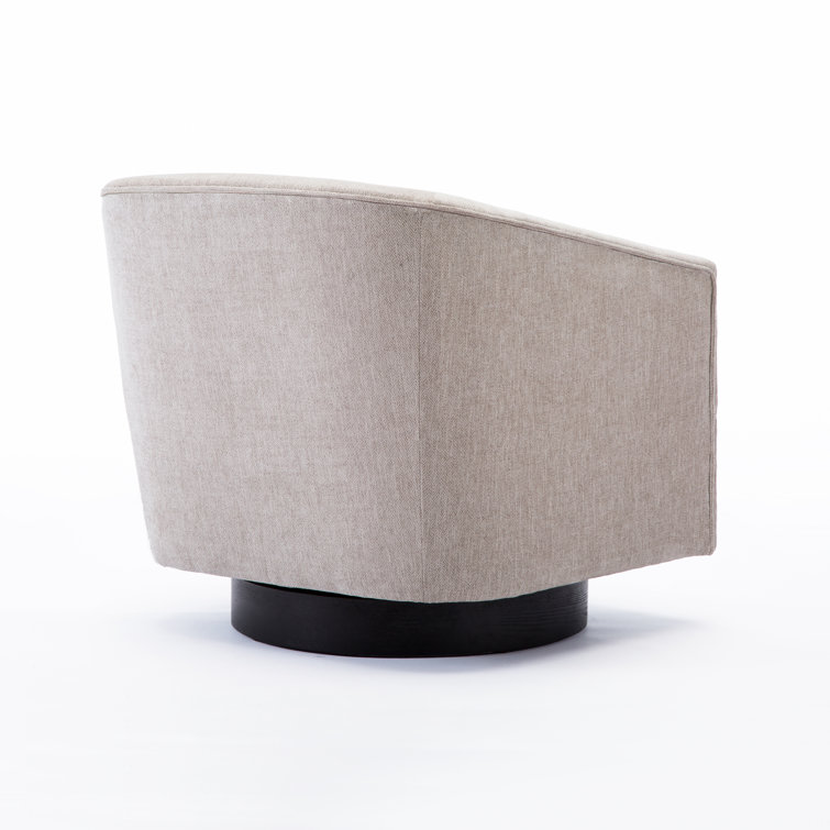 Donovan Oatmeal Fabric and Black Wood Swivel Barrel Chair