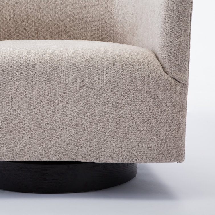 Donovan Oatmeal Fabric and Black Wood Swivel Barrel Chair