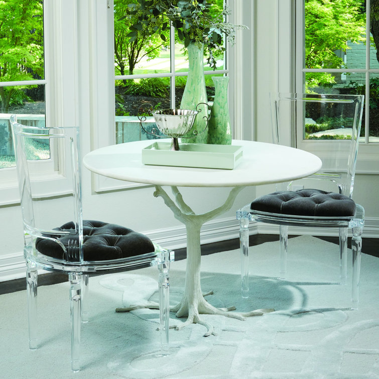 Rustic Round Black Marble & Wood Pedestal Dining Table