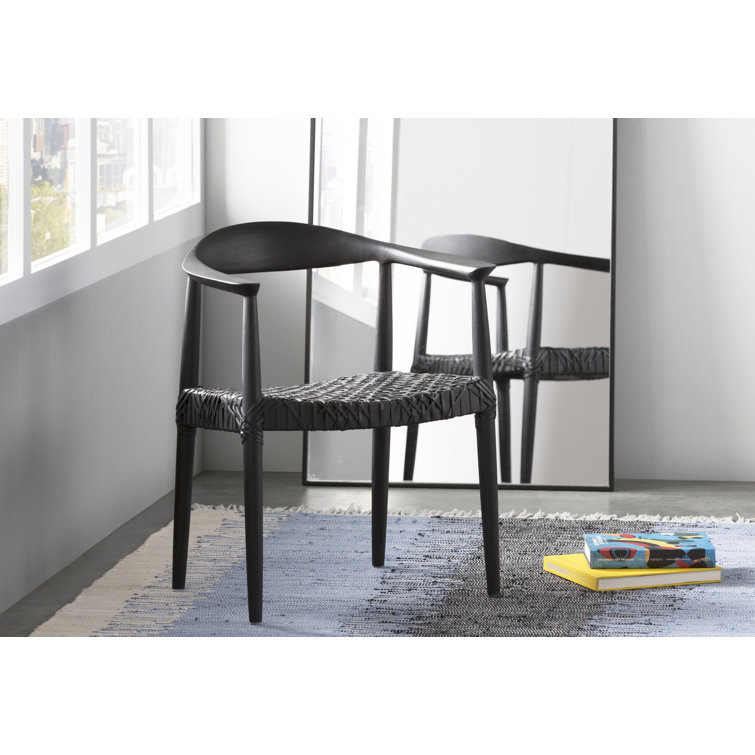 Mid-Century Modern Black Leather Teak Wood Accent Chair