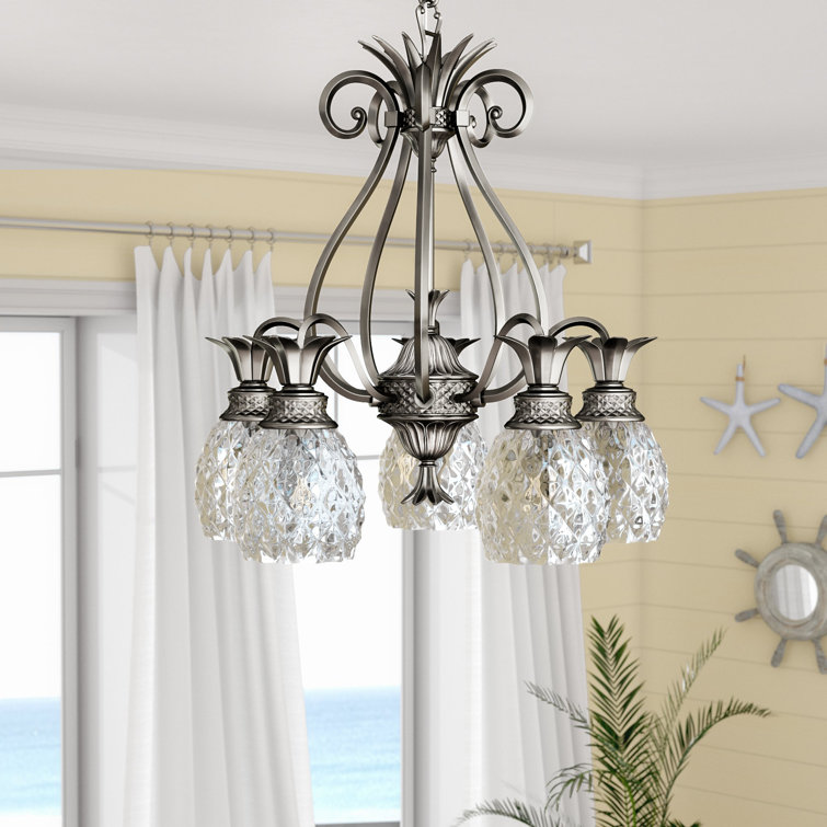 Elegant Polished Antique Nickel 5-Light Chandelier with Clear Crystal Pineapple Shades