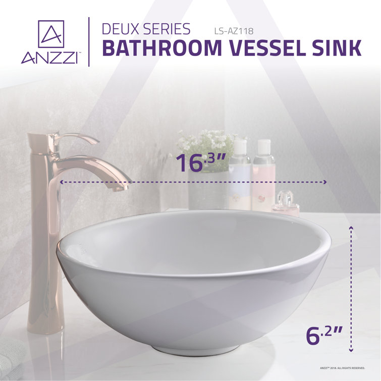 White Ceramic Circular Bathroom Vessel Sink, 16.3 inches