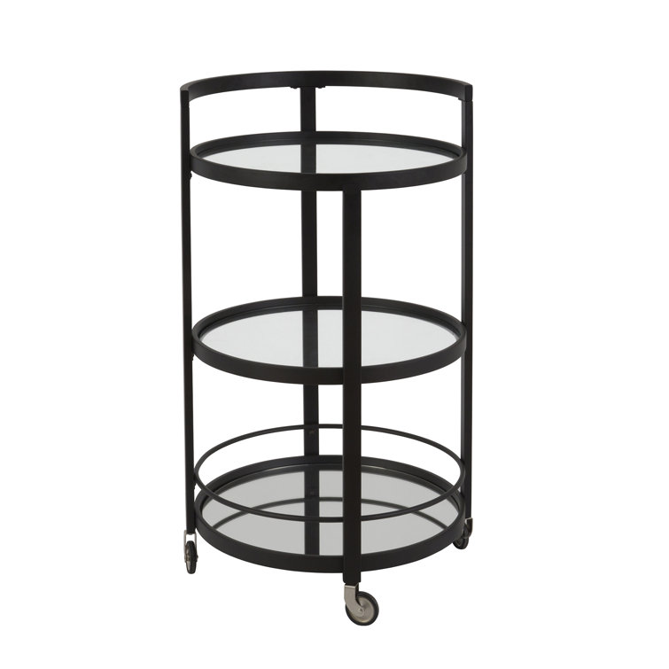 Bronze-Tinted Glass and Blackened Steel Round Bar Cart with Wine Rack