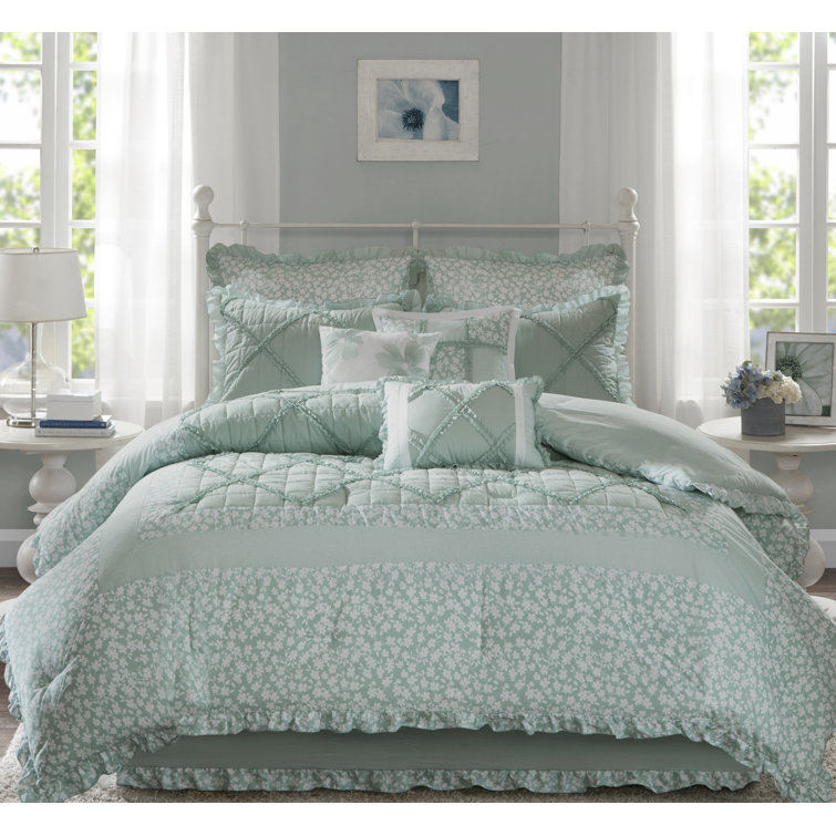 Seafoam Green Cotton Queen Comforter Set with Decorative Pillows