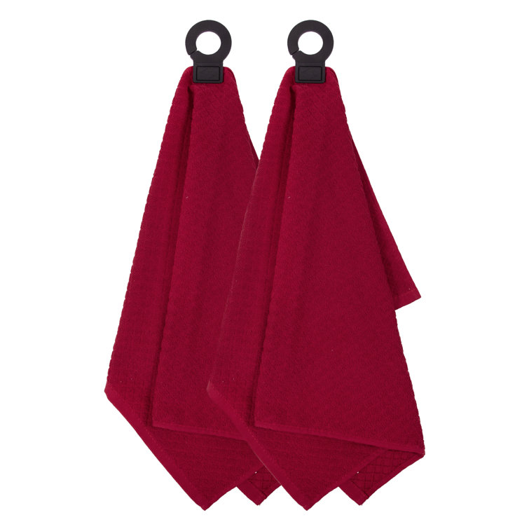 Paprika Red Cotton Terry Kitchen Towel Set with Rubber Hook
