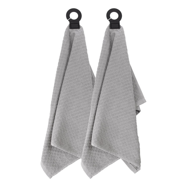 Titanium Gray Cotton Terry Kitchen Towel Set with Rubber Hook