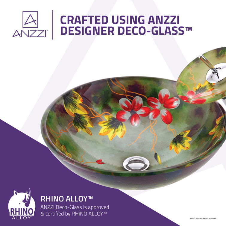 Hand-Painted Green Floral Glass Bathroom Vessel Sink