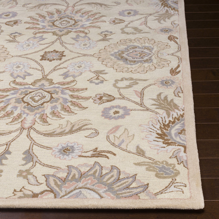 Handmade Blue and Beige Floral Wool Rectangular Rug 10' x 14'
