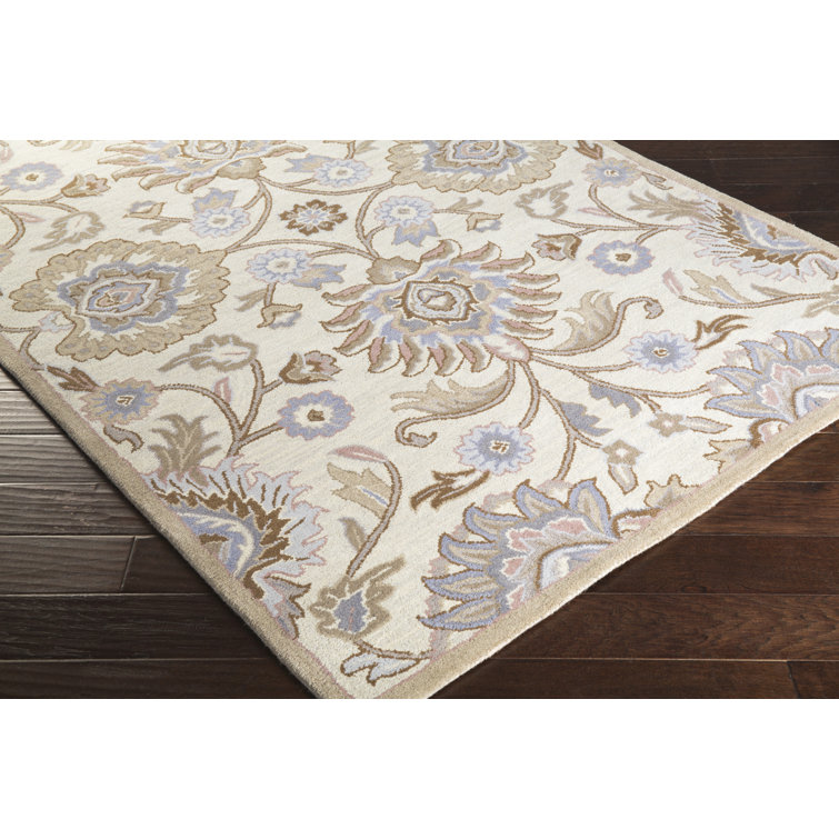 Handmade Blue and Beige Floral Wool Rectangular Rug 10' x 14'
