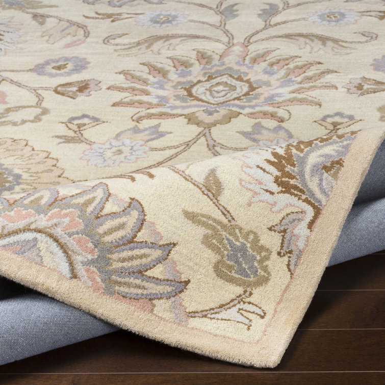 Handmade Blue and Beige Floral Wool Rectangular Rug 10' x 14'