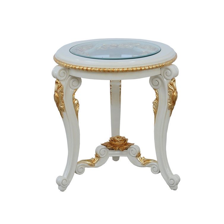 Antique Beige & Gold Mahogany Glass End Table with Storage