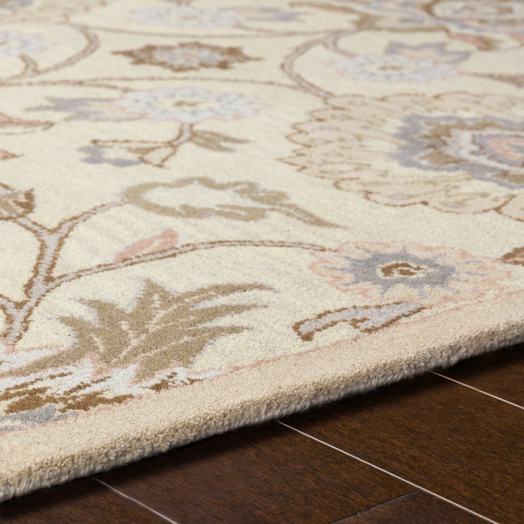 Handmade Blue and Beige Floral Wool Rectangular Rug 10' x 14'