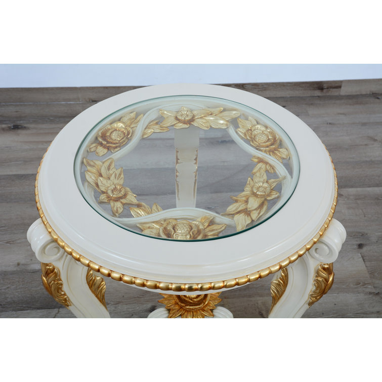 Antique Beige & Gold Mahogany Glass End Table with Storage