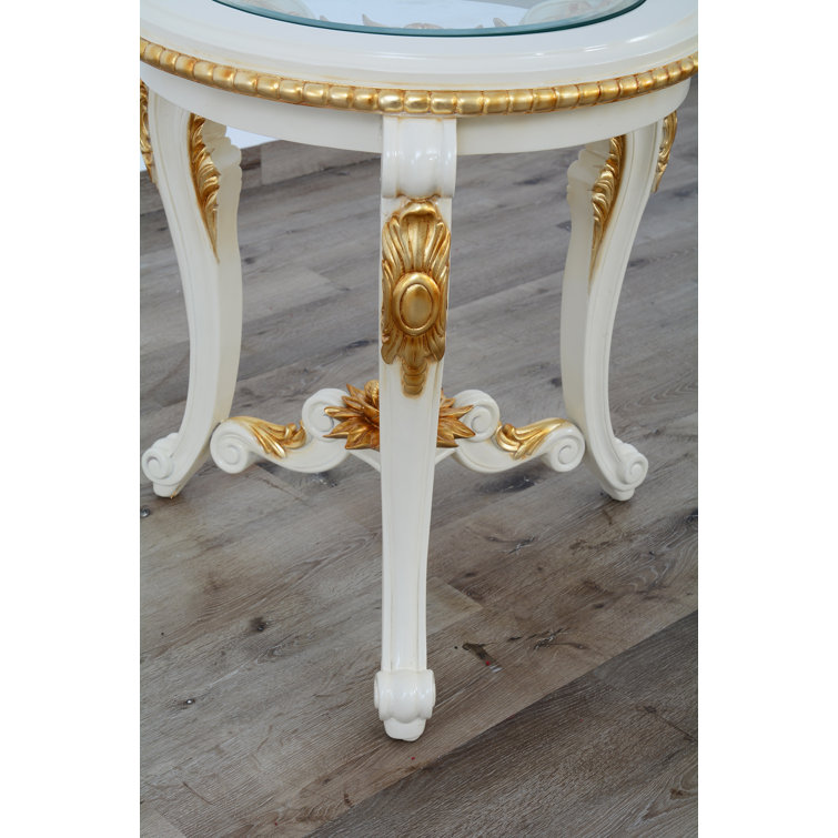 Antique Beige & Gold Mahogany Glass End Table with Storage