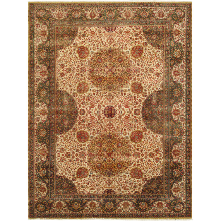 Ivory Floral Agra Hand-Knotted Wool Area Rug, 9'1" x 12'7"