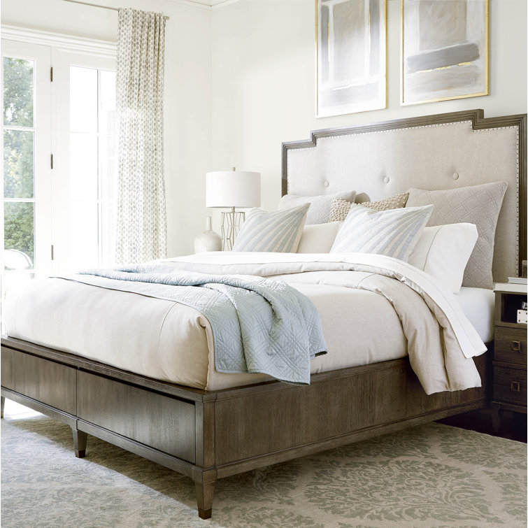 Smoke Gray King Upholstered Panel Bed with Nailhead Trim