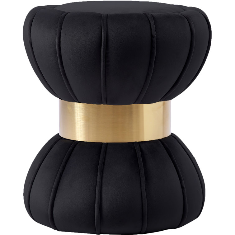 Black Velvet Tufted Round Ottoman with Gold Band