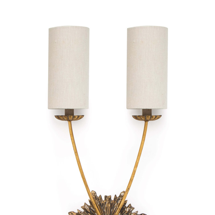 Antique Gold Dual-Light Linen Shade Wall Sconce