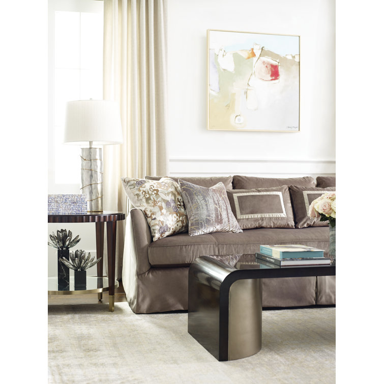 Aged Bourbon Rectangular Wood Cocktail Table with Bronze Pedestals