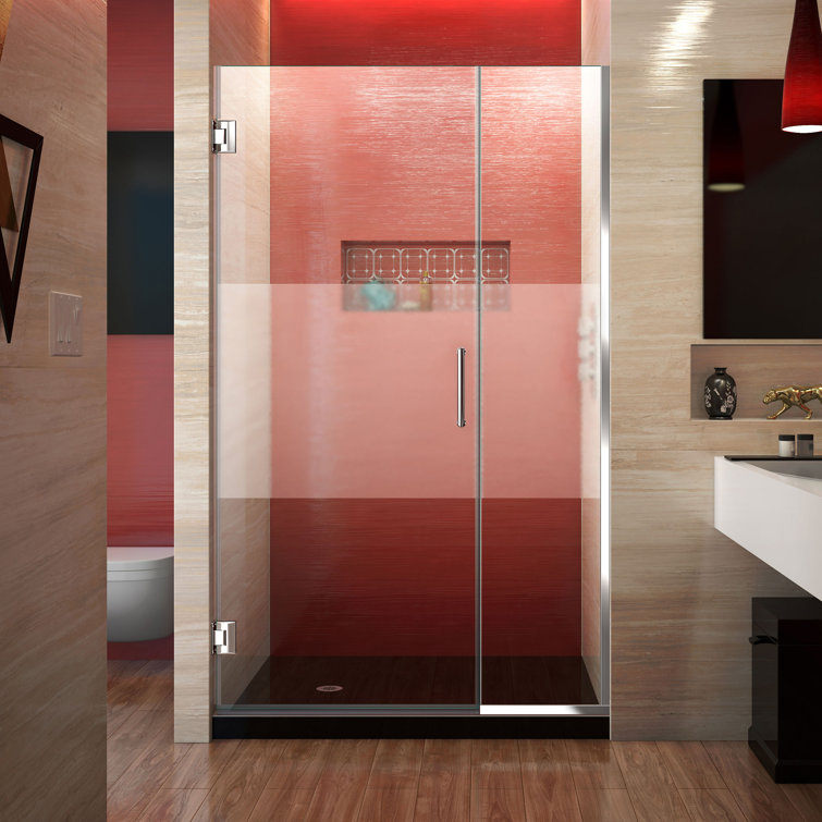 Unidoor Plus 44" Frameless Clear Glass Hinged Shower Door in Satin Black