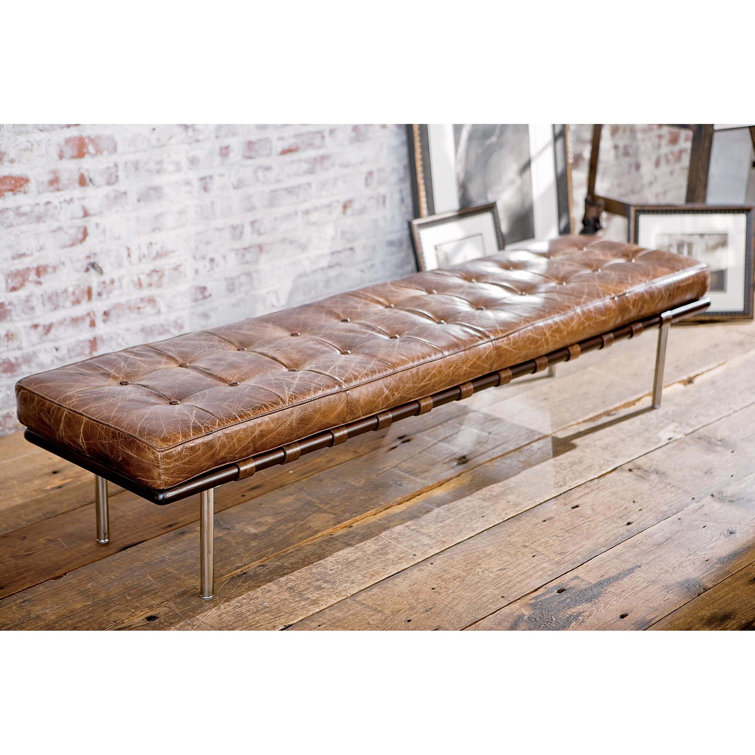 Vintage Brown Leather Tufted Gallery Bench