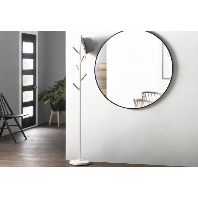 Modern Freestanding White Steel Coat Rack with Wooden Accents