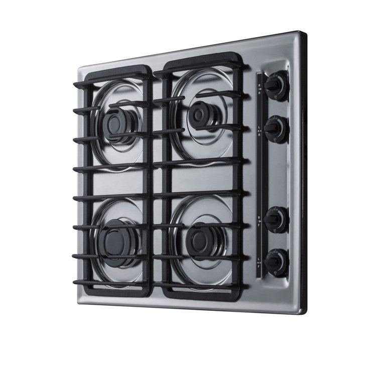 24" Chrome Gas Cooktop with 4 Sealed Burners and Cast Iron Grates