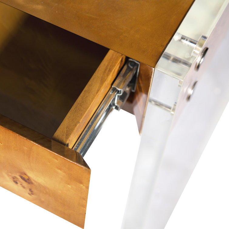 Burled Mappa Wood Desk with Acrylic Legs and Drawer