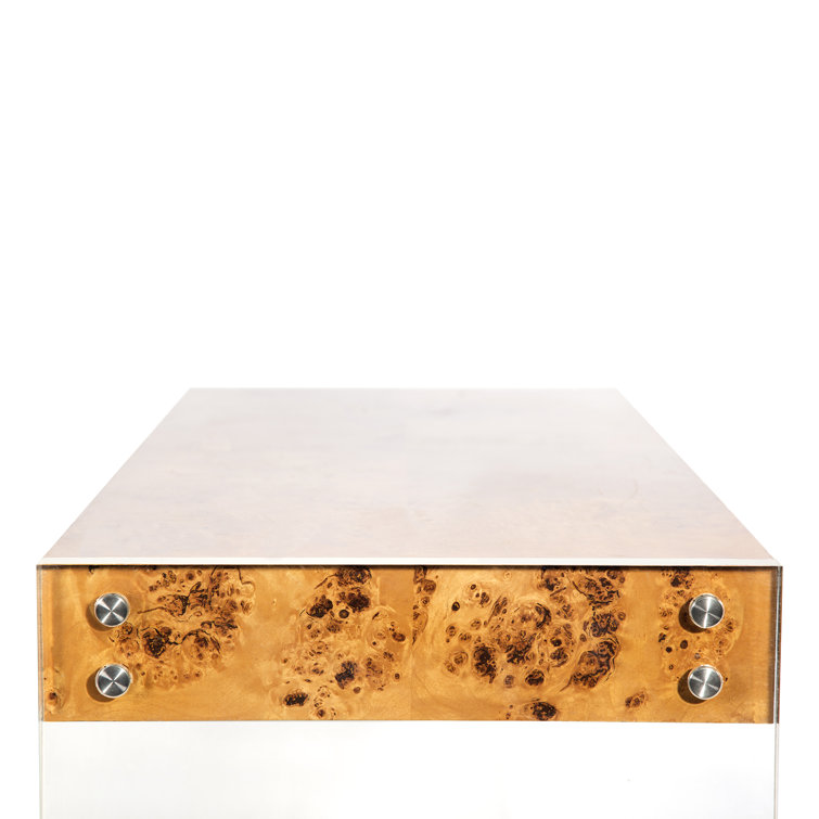 Burled Mappa Wood Desk with Acrylic Legs and Drawer